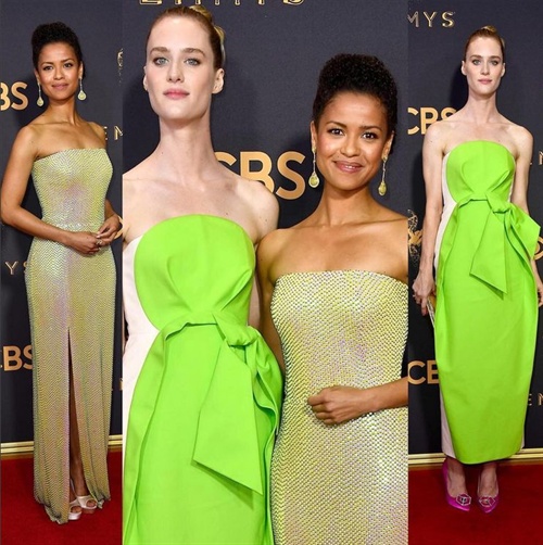 Black Mirror actresses Gugu Mbatha Raw in Hugo Boss and Mackenzie Davis in Delpozo