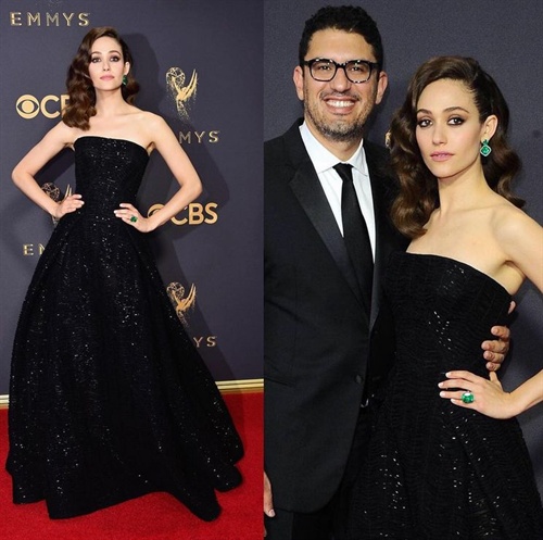 Emmy Rossum in Zac Posen accompanies her husband, MrRobot creator Sam Esmail