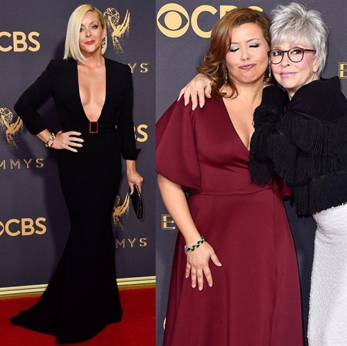 Jane Krakowski (in Badgley Mischka) & Justina Machado are enjoying their Emmys night out! Justina snapped a cute pic with Rita Moreno on the carpet.