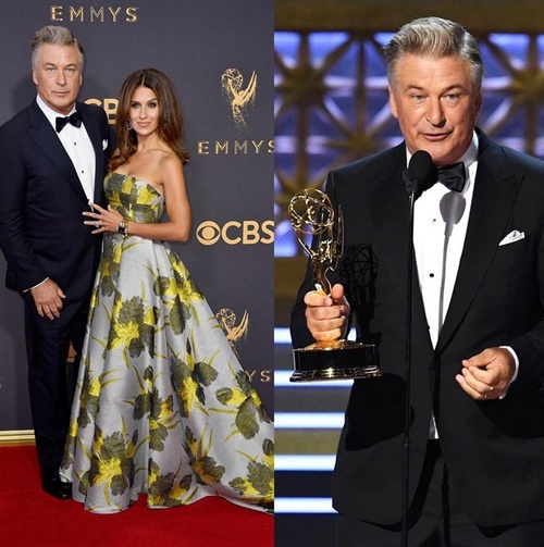 Saturday Night Live super star Alec Baldwin in Zegna wins Best Supporting Actor in a Comedy Series alongside wife Hilarie in Badgley Mischka