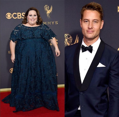 This Is Us actors Chrissy Metz in Lela Rose and Justin Hartley in Valentino