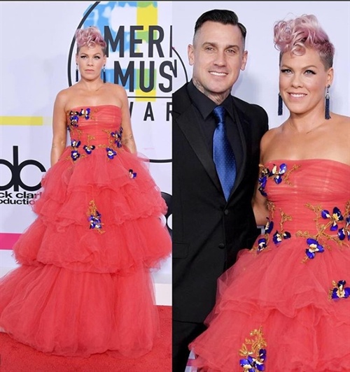 Pink in Monique Lhuillier with husband Carey Hart