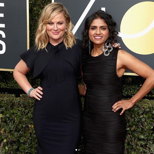 Amy Poehler was joined in the red carpet by fair wages activist Saru Jayaraman