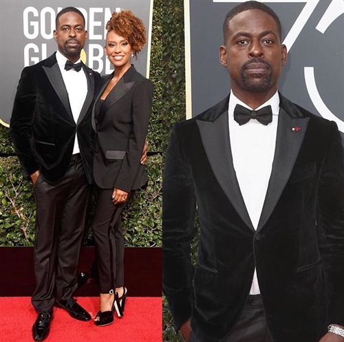 Sterling K Brown in Isaia with wife Ryan Michelle Bathe at Golden Globes