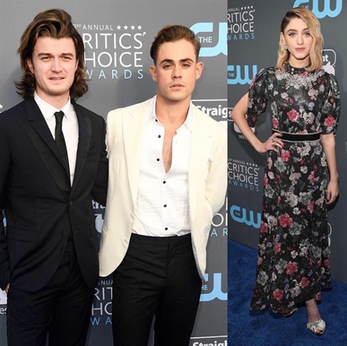 StrangerThings stars! Joe Keery and Dacre Montgomery in Brunello Cucinelli as well as Natalia Dyer in Erdem