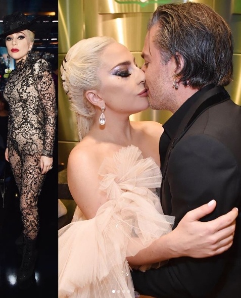 Backstage at the Grammys, Lady Gaga in Armani Prive kisses her boyfriend, talent commercial agent Christian Carino