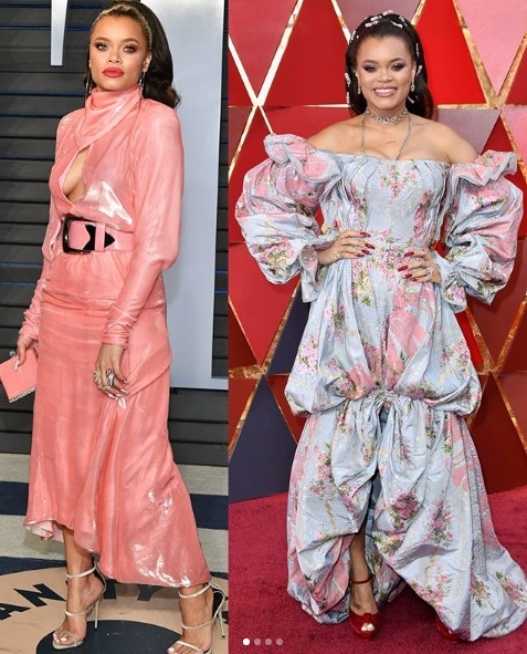 Andra Day in pink Nina Ricci after an an off-the-shoulder Zac Posen look