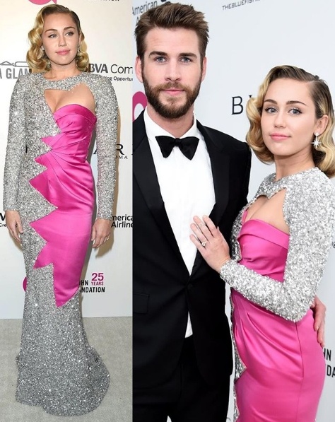 Miley Cyrus in Moschino alongside fiancé Liam Hemsworth